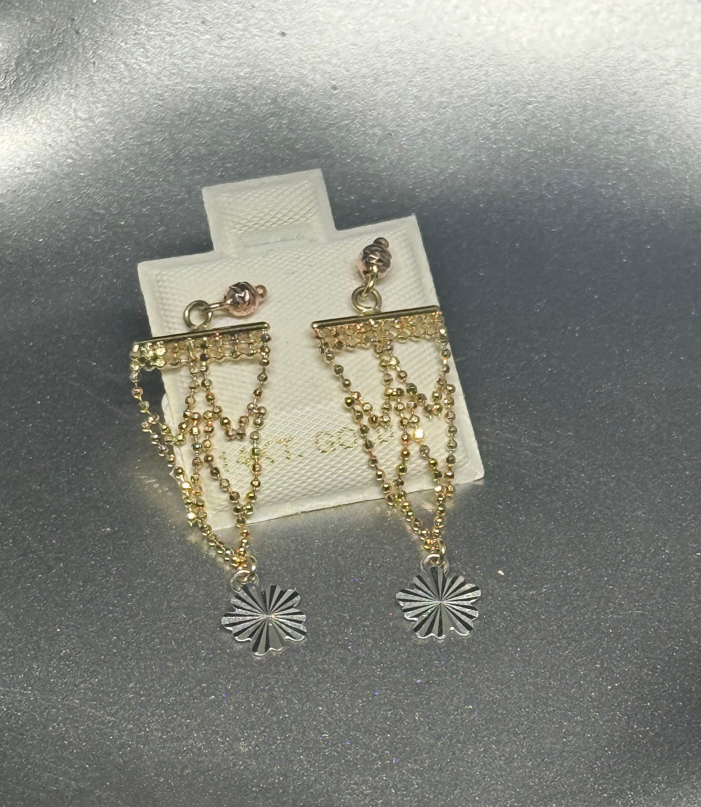 14K Two-Tone Dangle Earrings – Chain Cascade with Starburst Charm