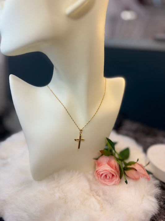14K Gold Cross Necklace with 20” Singapore Chain