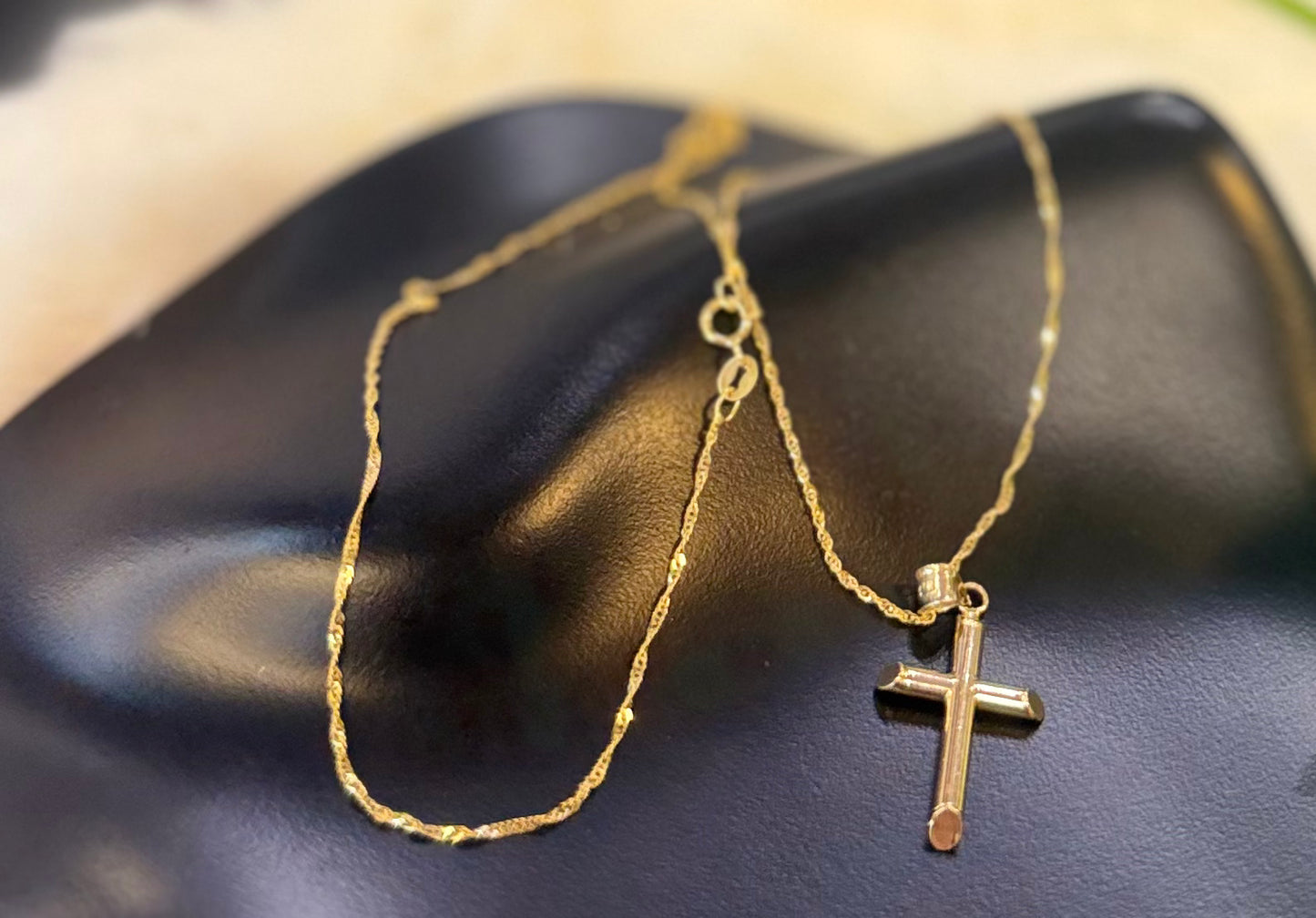 14K Gold Cross Necklace with 20” Singapore Chain