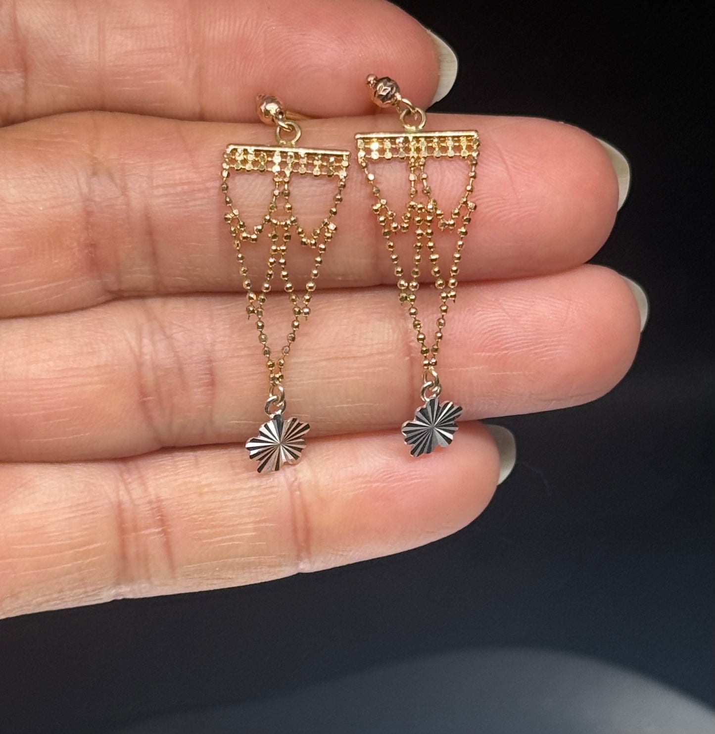 14K Two-Tone Dangle Earrings – Chain Cascade with Starburst Charm